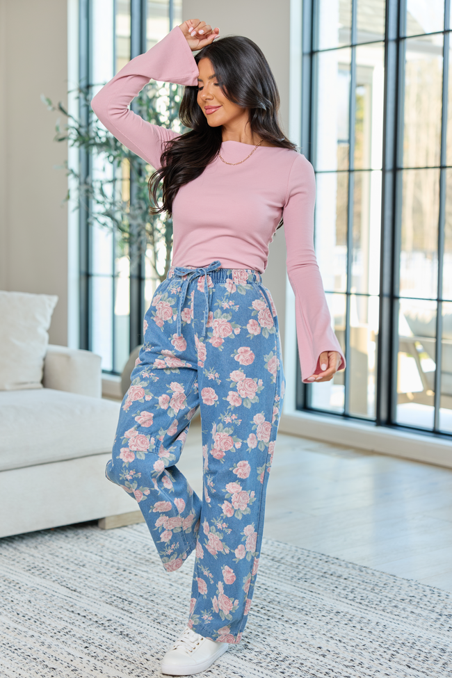 Maeve Rose Print Barrel Pull-On Jeans